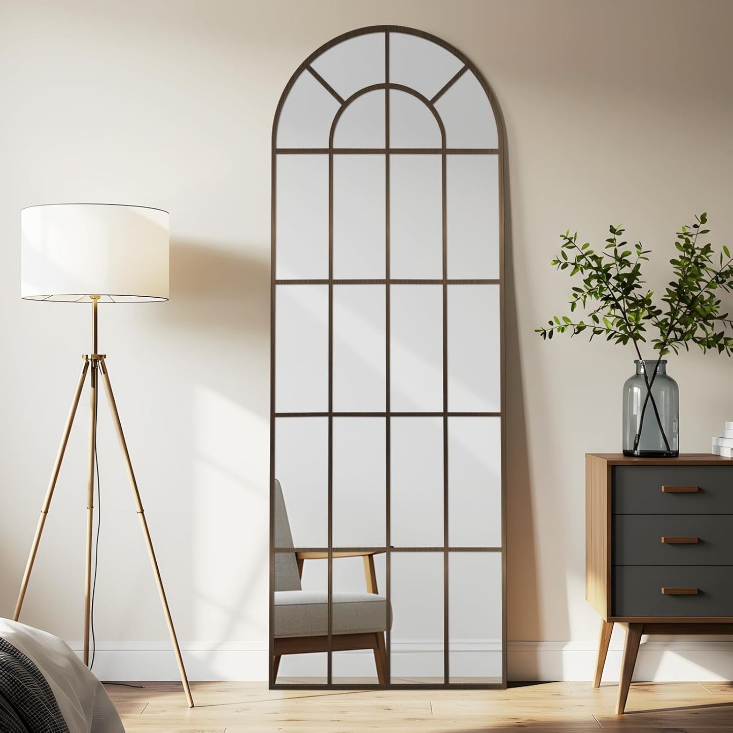 Arched Windowpane Mirror Full Length 71"x30" Wall Mounted Bronze Art Pane Farmhouse Decorative Floor Mirror Leaning Hanging Wall Mirror for Bedroom Living Room Entrance