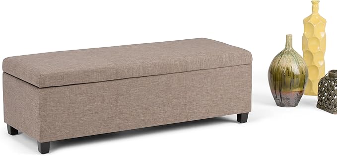 SIMPLIHOME Avalon Storage Ottoman Bench - 48 inch Wide Upholstered Linen Look Fabric Rectangular Lift-Top Ottoman in Fawn Brown, Contemporary Storage Bench for Living Room with High-Density Foam