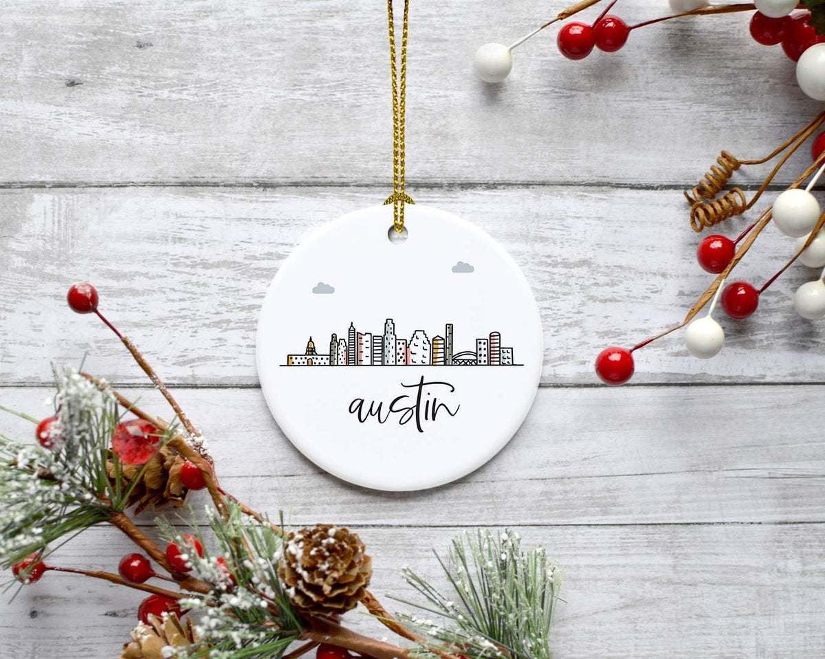 Andaz Press Round Ceramic Porcelain Christmas Tree Ornament Keepsake, Austin Colorful City Skyline Graphic, 1-Pack, Birthday Gift Ideas Family Coworker Him Her, Includes Gift Box