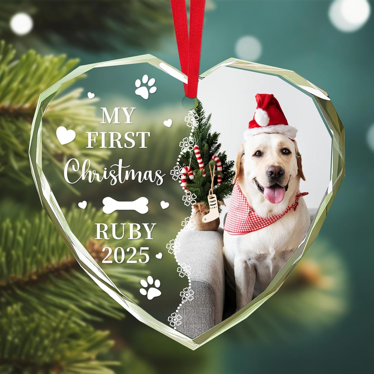 Personalized Christmas Ornaments 2025 with Photo & Text - Customized Crystal Glass Christmas Tree Decor Gifts for Family, Couples, Pets, Baby’s First Xmas – 6 Heart/Round Designs