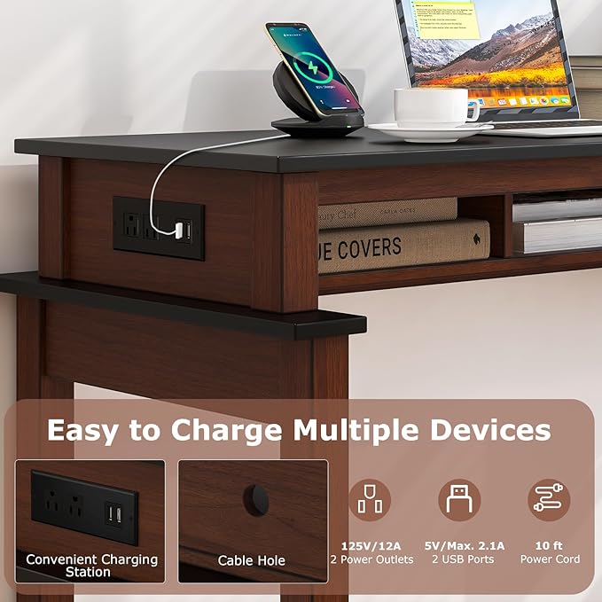 COSTWAY Bar Table with Charging Station, 36” Counter Height Table w/ 3 Storage Compartments, Power Outlets, Modern Farmhouse Console Table for Kitchen, Living Room, Entryway (Black + Walnut)