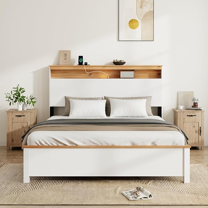 Queen Bed Frame, Wood Platform Bed Frame with Storage Headboard, Charging Station, Modern Bedframe Queen Size, 800lbs Capacity, Metal Slat Support, Noise-Free, No Box Spring Needed, White