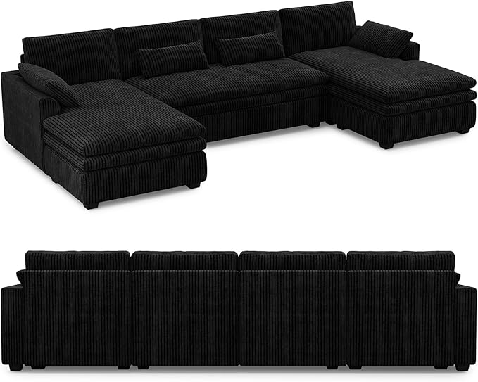 Belffin Large Modular Sectional Sofa with Double Deep Chaise, 135" Corduroy U Shaped Sectional Couch with 9" Soft Dual-Layer 6 Seats U Shaped Couch for Living Room, Apartment, Black