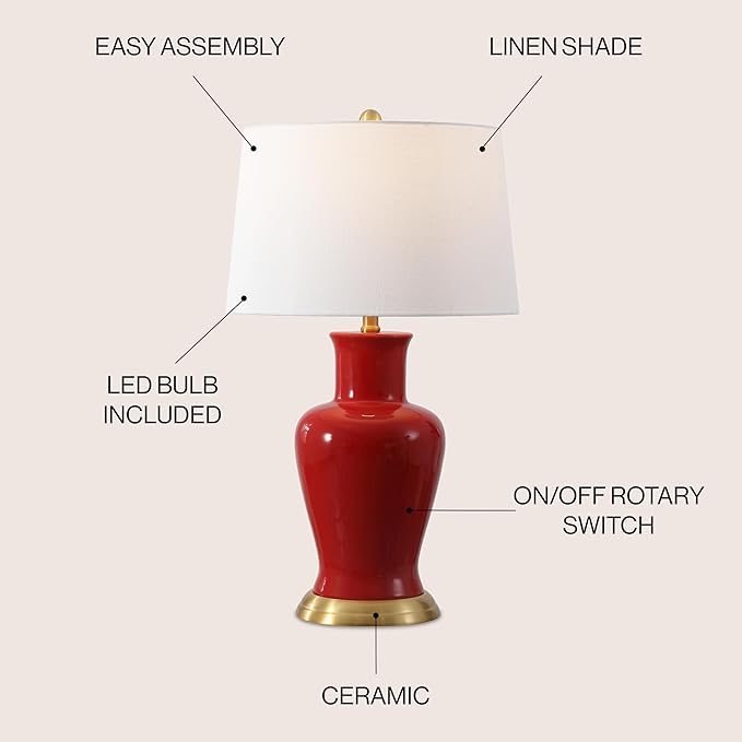 JONATHAN Y JYL4026G Julian 29" Traditional Classic Ceramic Urn LED Table Lamp, Red for Bedroom, Living Room, Kitchen, Home Office, Kids Room