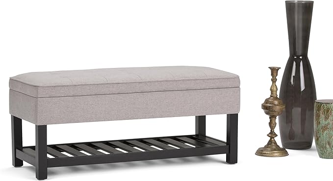 SIMPLIHOME Cosmopolitan Storage Ottoman Bench - 44 inch Wide Upholstered Linen Look Fabric Rectangle Storage Ottoman in Cloud Grey, Transitional Bench for Bedroom with Tufted Lift-Top and Open Shelf