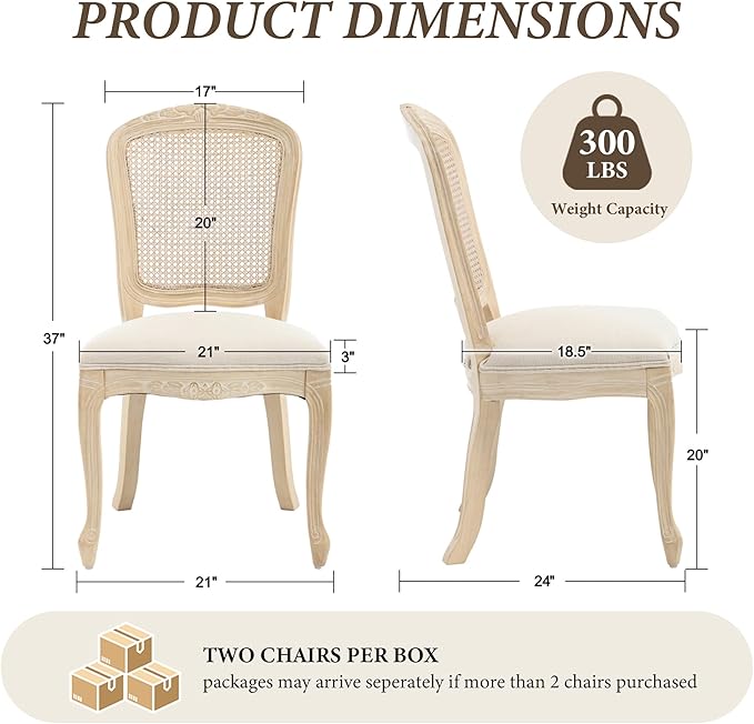Wicker Dining Chairs Set of 4, Upholstered Linen Fabric Dining Room Chairs with Square High Rattan Back Farmhouse French Kitchen Chairs for Dining Table/Living Room/Restaurant, Cream