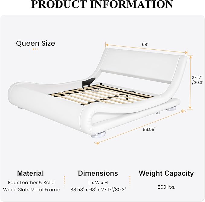 SHA CERLIN Queen Size Upholstered Bed Frame, Deluxe Low Profile Sleigh Bed with Faux Leather Ergonomics Headboard, No Box Spring Needed & Easy Assembly, White