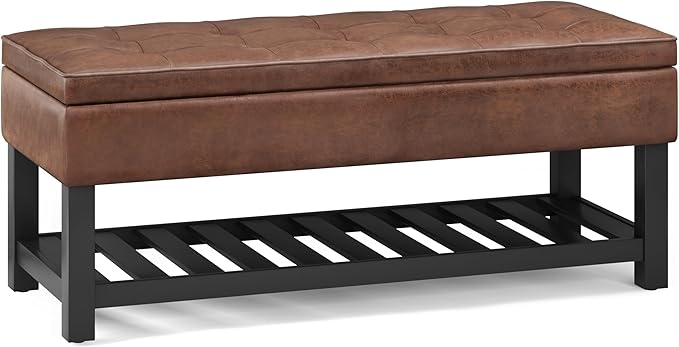 SIMPLIHOME Cosmopolitan Storage Ottoman Bench - 44 inch Wide Upholstered Vegan Leather Rectangle Storage Ottoman in Distressed Saddle Brown, Transitional Bench for Bedroom with Tufted Lift-Top