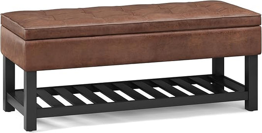SIMPLIHOME Cosmopolitan Storage Ottoman Bench - 44 inch Wide Upholstered Vegan Leather Rectangle Storage Ottoman in Distressed Saddle Brown, Transitional Bench for Bedroom with Tufted Lift-Top