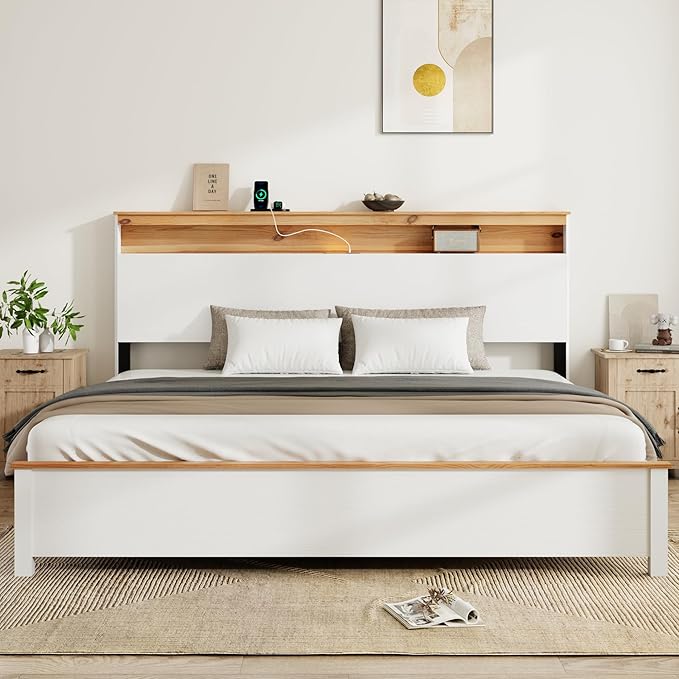 King Bed Frame, Wood Platform Bed Frame with Storage Headboard, Charging Station, Modern Bedframe King Size, 800lbs Capacity, Metal Slat Support, Noise-Free, No Box Spring Needed, White