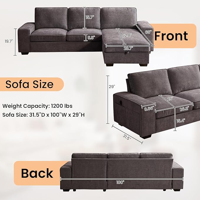 RISAR 100" L-Shaped Sofa with Chaise and Built-in Storage for Living Room, Couch with Chenille Fabric, Removable Cushion Covers & USB Type-C Ports (Dark Gray)