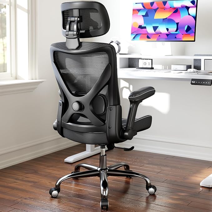 Ergonomic Office Chair-Computer X-Shaped Chair Mesh PU Leather with Adjustable Lumbar Support-Executive Desk Chair High Back with Headrest Flip-Up Arms for Long Hours (Black)