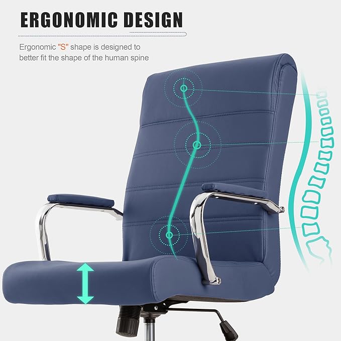 Modern Office Desk Chair, Conference Room Chairs, High Back Ergonomic Home ofiice Chair, Adjustable Height Swivel Executive Computer Chair with Padded Seat and Armrest (Blue)