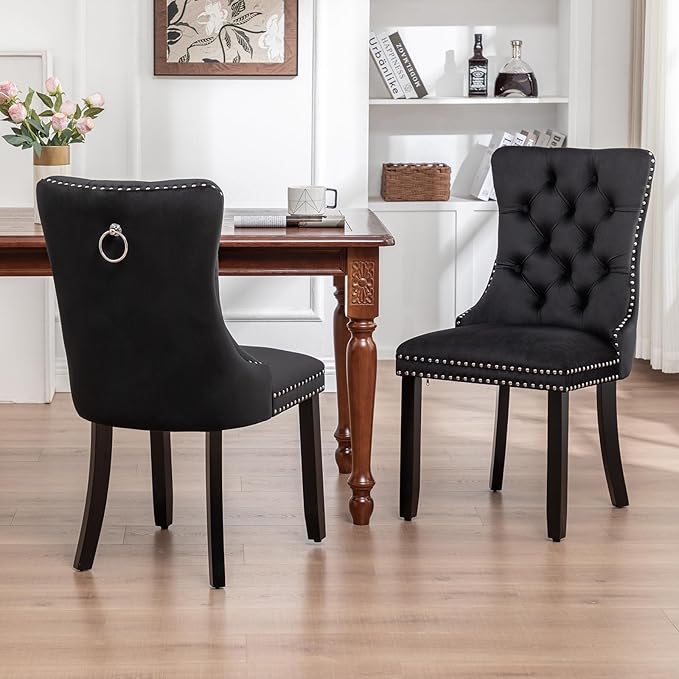 Velvet Dining Chairs Set of 4, Upholstered Dining Room Chairs with Nailhead Ring Pull Trim, Button Tufted Wing Back Chairs for Dining with Solid Wood Legs for Kitchen Dining Room(Black)