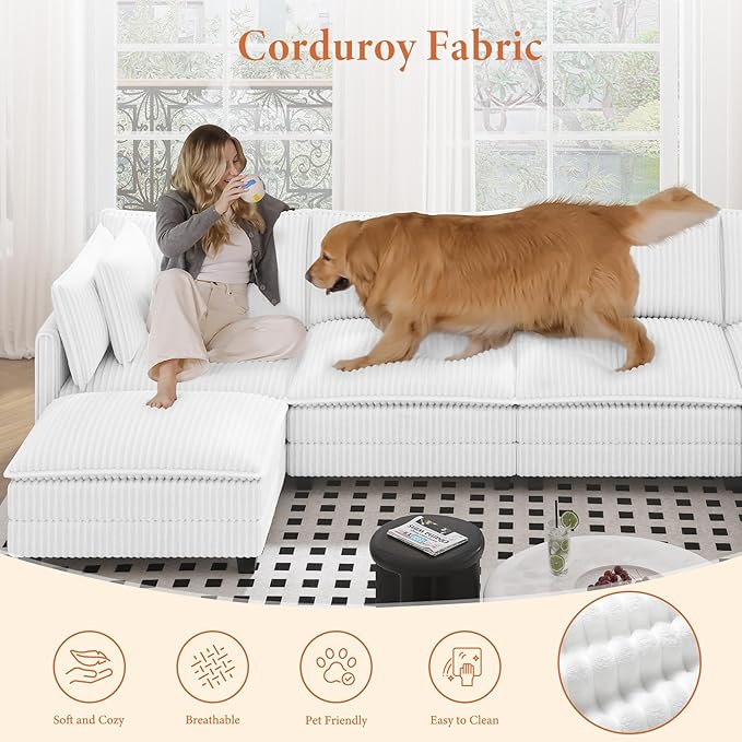 Vesgantti 109" L Shaped Cloud Sectional Couch, Comfy Corduroy Upholstered Modular Couches for Living Room, Modern Modular Sectional Sofa with Ottoman Deep Seat, Warm White