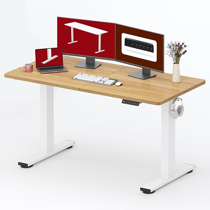 SANODESK Standing Desk Height Adjustable Electric Stand up Desk 55x24 Inches Sit Stand Home Office Desk with Splice Board, White Frame/Maple Top