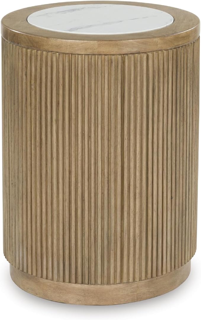 Signature Design by Ashley Camdill Round End Table, Scratch & Stain Resistant, Faux Marble Top, Hardwood Solids, 18.13" W x 18.13" D x 23.75" H, Light Brown & White