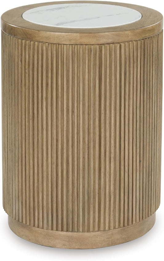 Signature Design by Ashley Camdill Round End Table, Scratch & Stain Resistant, Faux Marble Top, Hardwood Solids, 18.13" W x 18.13" D x 23.75" H, Light Brown & White