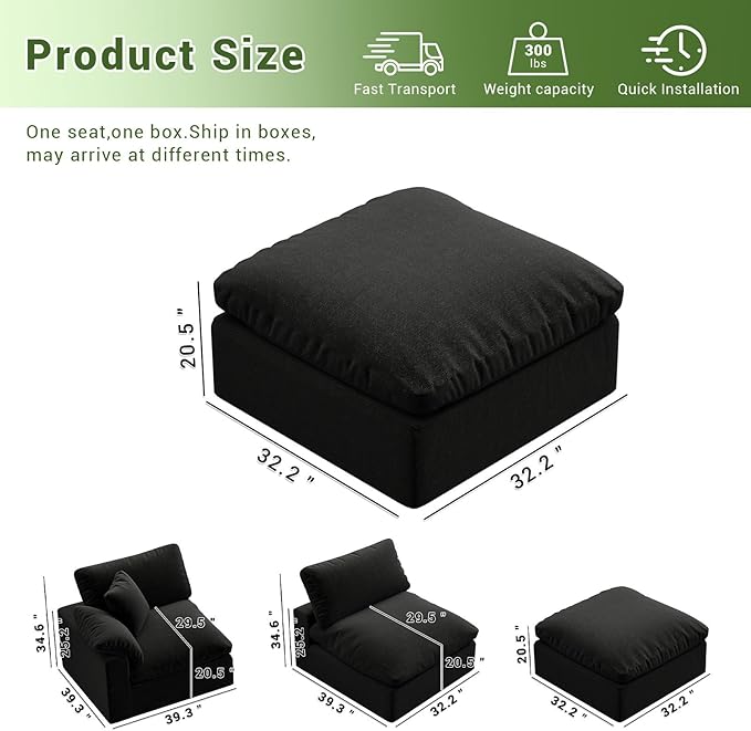 Oversize Cloud Modular Sectional Sofa,Chaise Down Filled Comfort Sofa Detachable Couch Cushion Covers for Living Room Apartment,Black
