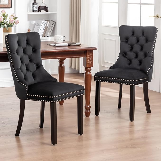 Velvet Dining Chairs Set of 6, Tufted Dining Room Chairs with Nailhead Ring Pull Trim, Upholstered Dining Chairs with Solid Wood Legs for Kitchen Dining Room, Sillas De Comedor (Black)