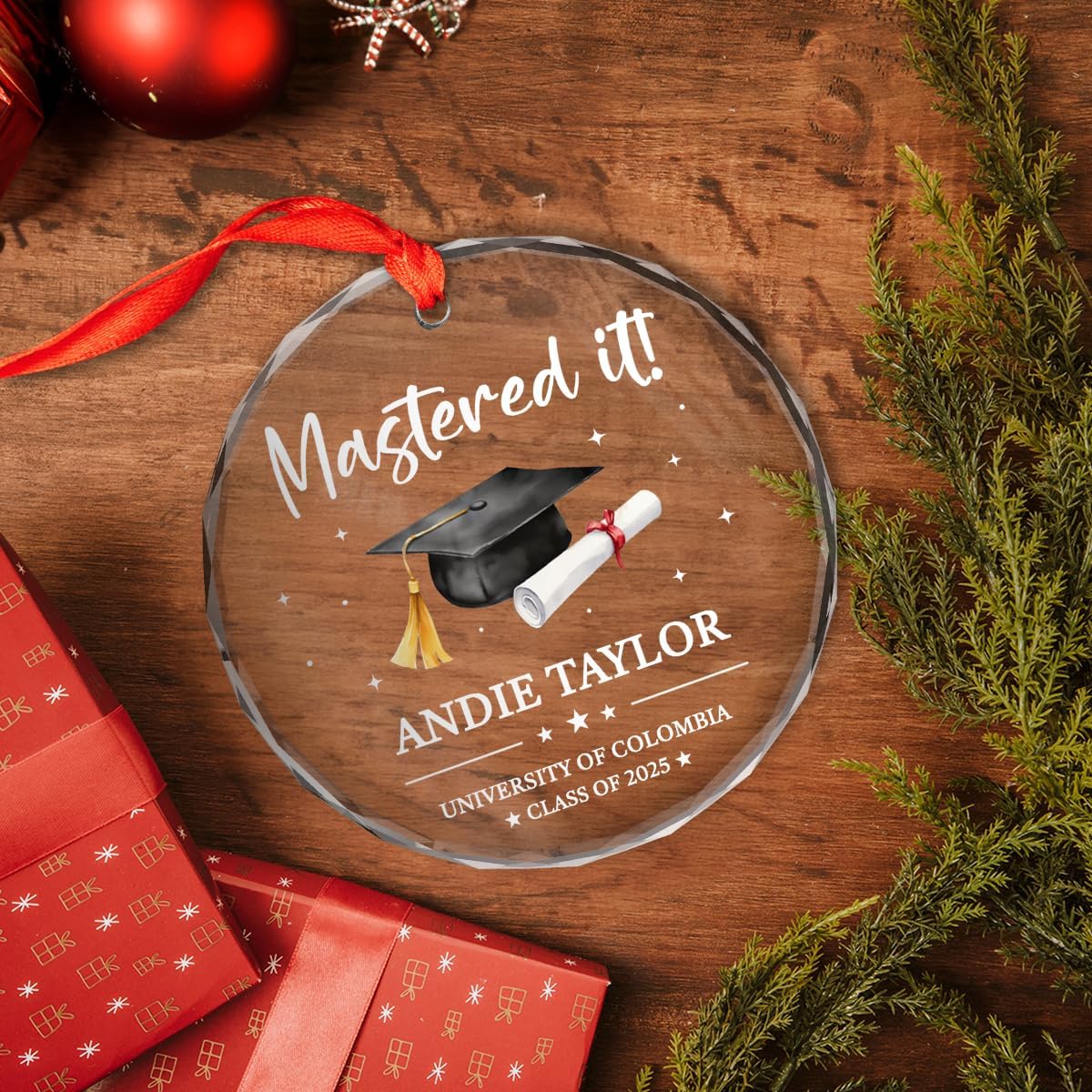 Personalized Mastered It Degree Graduation Gifts - Custom Christmas Crystal Glass Ornament, University, College, Senior Year Keepsake