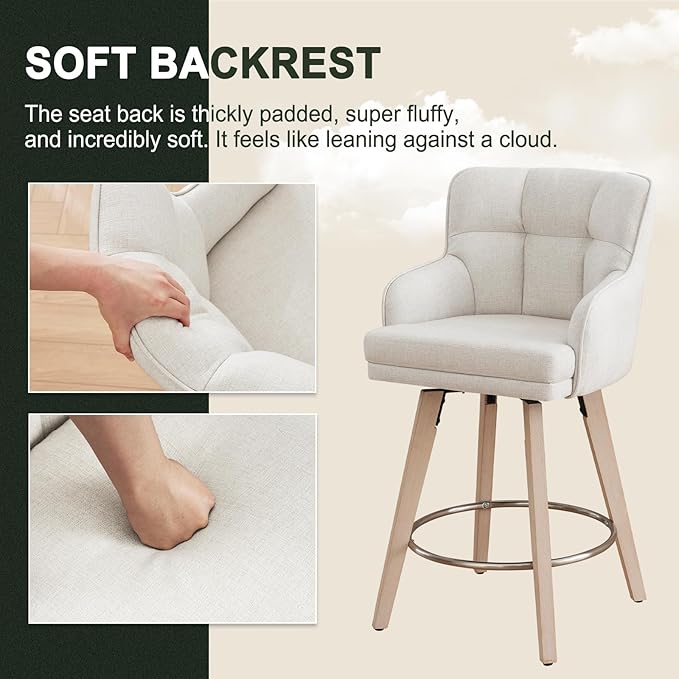 360°Swivel Counter Height Bar Stools with Back, 26 inch Solid Wood Legs, Bar Stool Modern Kitchen Island Chairs, Fabric (Beige- Fabric, 26" H- Set of 1)