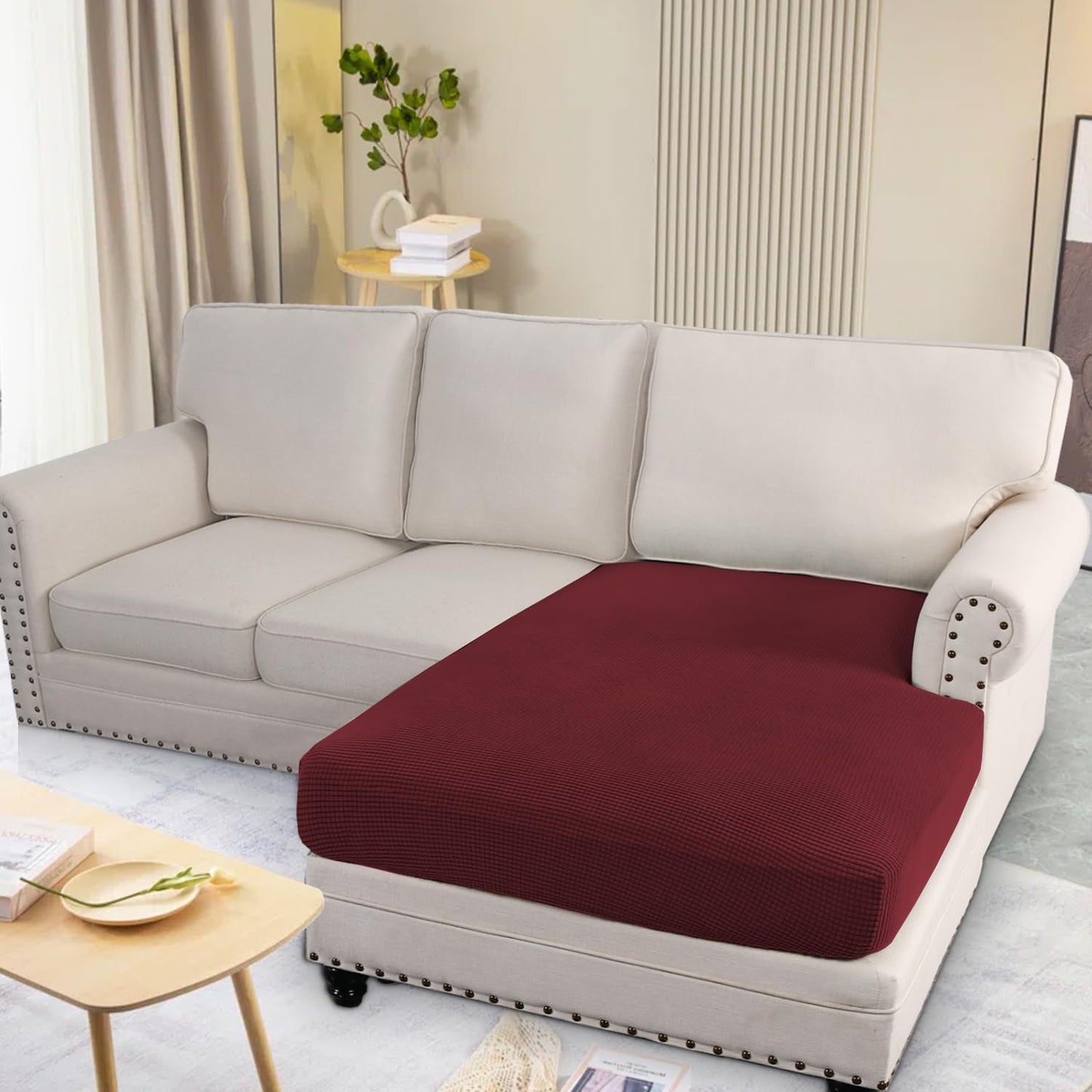 H.VERSAILTEX Super Stretch Individual Chaise Cover Sectional Couch Covers for L Shaped Sofa Both Left/Right Featuring Thick Jacquard Textured Twill Fabric (1 Piece Chaise Cover, Burgundy Red)