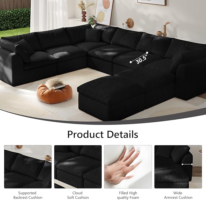 Boneless Cloud Couch Modular Sectional Sofa with Deep Seat for Living Room, L Shape Couch with Ottoman, Snowflake Cloth and 40D Memory Sponge，2 Throw Pillows (Black, 6 Seater+2 Ottoman)