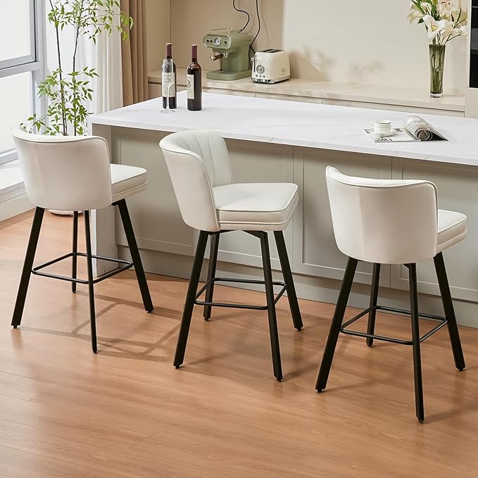 Swivel Counter Height Bar Stools Set of 3, 30'' Modern Barstools with Backs and Metal Legs, Upholstered Bar Chairs, Faux Leather White Stools for Kitchen Island Chairs