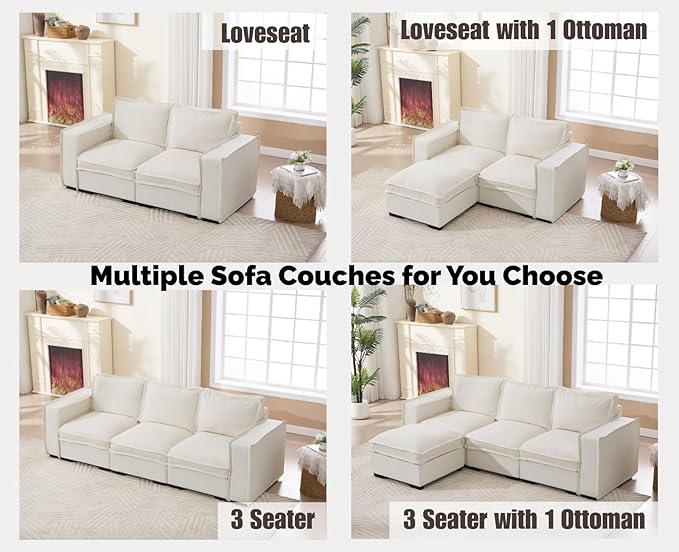 EALSON 67" Sectional Couch Modern Love Seat with Ottoman Modular Cloud Sofa with Deep Seat Comfy Linen Loveseat Sofa Convertible L Shaped Couches 2 Seater Couch for Living Room/Bedroom, White