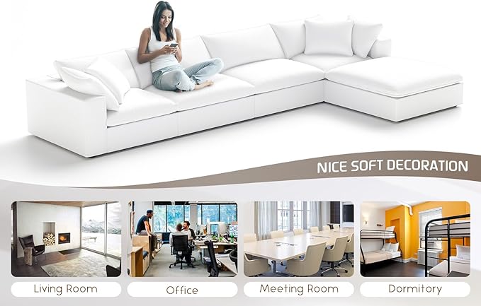 Cloud Modular Sectional Sofa,143" Down Filled Sofa 4 Seat with Chaise,Minimalist Sofa Cover Washable and Replaceable Couches for Living Room,Sectional Sofa Deep Seat White