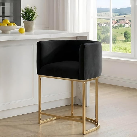 Contemporary Black Velvet Bar Stool, 24" Upholstered Fabric Counter Height Barstool Kitchen Counter Island Stool with Screwed Together Golden Metal Base