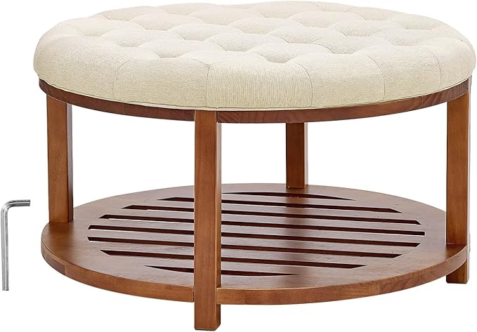 VEVOR Large Round Ottoman Coffee Table, 31.9 Inch Tufted Coffee Table with Solid Wood Shelf Storage, Linen Solid Upholstered Footrest Ottoman for Bedroom Living Room, 350 LBS, Linen Color