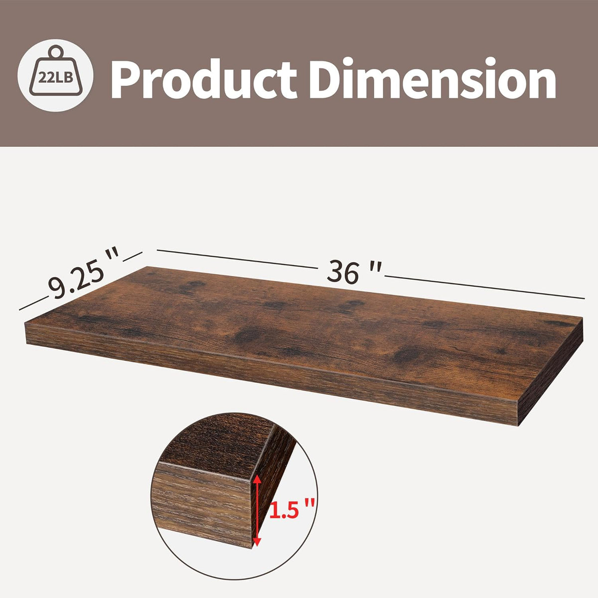 LaVie Home Floating Shelves, 36 Inch Wall Shelf Set of 2, Hanging Shelf with Invisible Brackets, Wall Decor for Bathroom, Bedroom, Living Room, Kitchen Storage, Rustic Brown