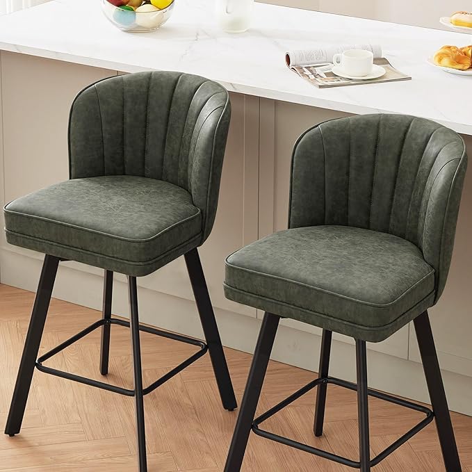 Swivel Counter Height Bar Stools Set of 4, 30'' Modern Barstools with Backs and Metal Legs, Upholstered Bar Chairs, Faux Leather Green Stools for Kitchen Island Chairs