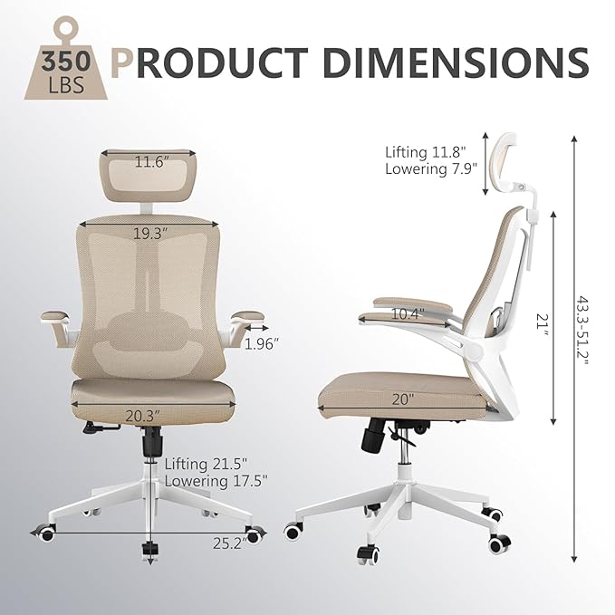 Office Chair,Ergonomic Comfy Home Desk Chair with 350LBS Capacity,High Back Gaming Chair with Wheels,Mesh Computer Chair,Lumbar Support, Adjustable Headrest,Flip-up Armrest