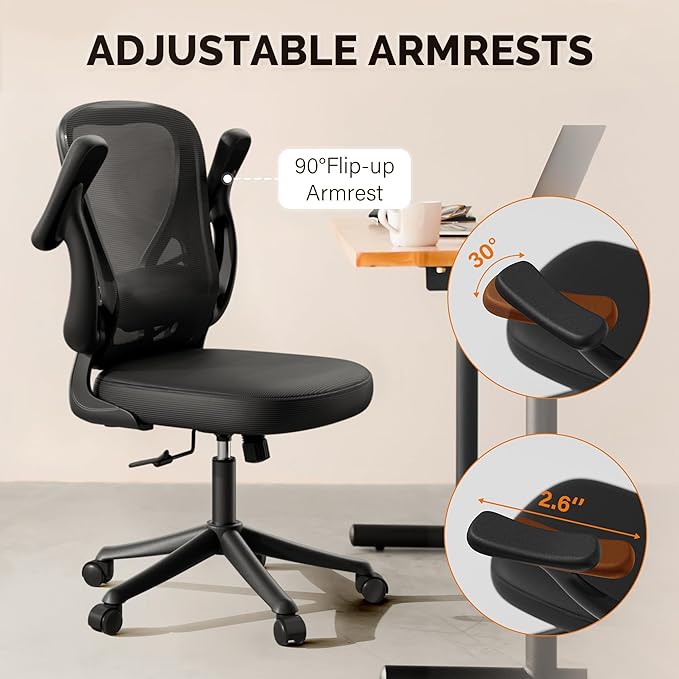 Computer Desk Chair with Wheels, Mesh Office Chair with Flip Up Arms, Adjustable Lumbar Support, Swivel Desk Chair Comfy, Black