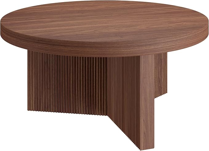 Henn&Hart 32" Fluted Round Low-Profile Coffee Table with Ribbed Pedestal Base Living Room, Family Room, Office, or Apartment, Satin Walnut