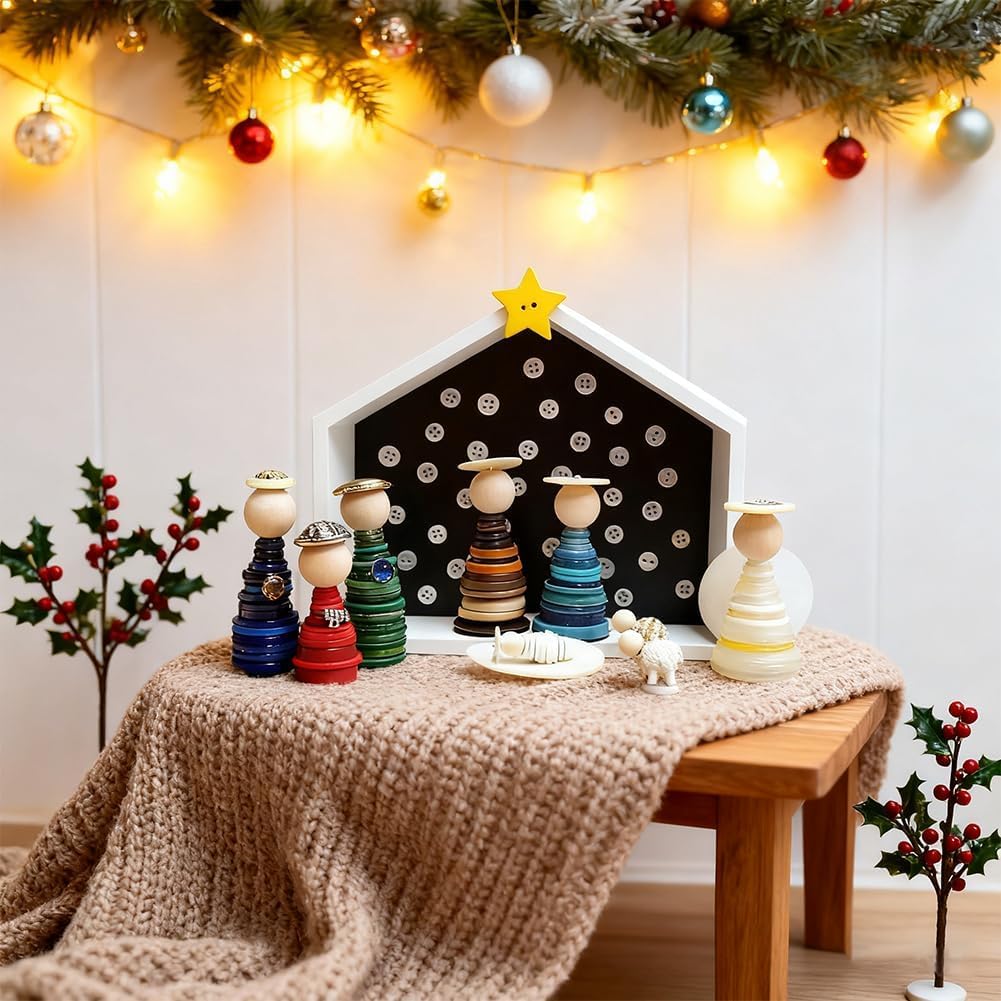 DIY Christmas Button Ornament Making Set - Snowman/Santa/Angel, Fun Holiday Craft Kit for All Ages, Ideal Xmas Tree Hanging Decor & Festive Gifts (6pcs-E)