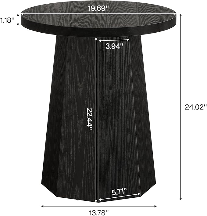 Tribesigns Farmhouse Round End Table, Wooden Couch Side Table with Octagonal Base, Black Nightstand Pedestal Accent Furniture for Living Room, Bedroom (1)