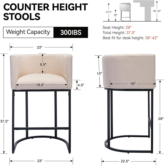 Contemporary Cream Linen Bar Stool, 29" Upholstered Fabric Counter Height Barstool Kitchen Counter Island Stool with Black Metal Base