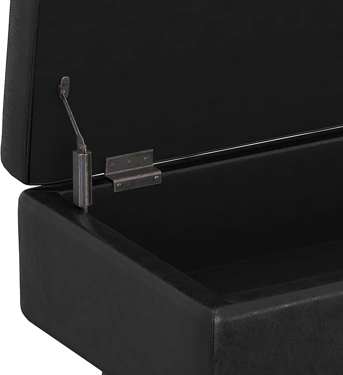 SIMPLIHOME Owen 48 inch Wide Mid Century Modern Rectangle Rectangular Storage Ottoman in Distressed Black Vegan Faux Leather, Assembled, for the Living Room, Entryway and Family Room