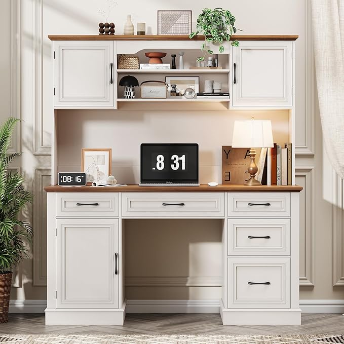 67" H Farmhouse Executive Desk with Hutch. Wood Workstation with 5 Drawers, Storage Cabinet, File Drawers and Charging Station, Ideal as Office Desks, Computer Desk for Home Office and Study