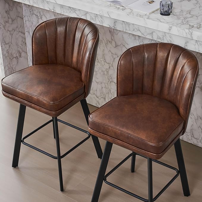 Swivel Counter Height Bar Stools Set of 3, 26'' Modern Barstools with Backs and Metal Legs, Upholstered Bar Chairs, Faux Leather Brown Stools for Kitchen Island Chairs