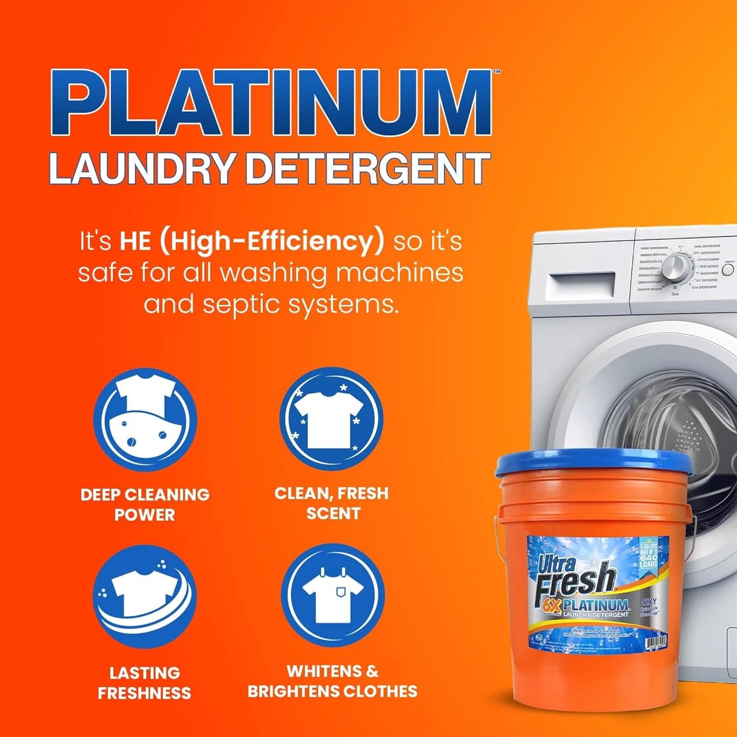 Ultra Fresh Liquid Laundry Detergent, 6X Platinum, 5 Gal, OXY Color Safe Bleach Alt™ - Household Cleaning Supplies and Accessories for Clothing and Fabric Items
