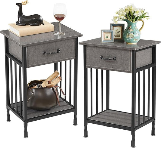 VECELO Nightstands, Industrial Side Table/End Tables with Drawer and Storage Shelf, Night Stands for Bedroom, Living Room, Wood Metal Furniture, Easy Assembly