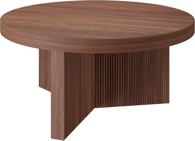 Henn&Hart 32" Fluted Round Low-Profile Coffee Table with Ribbed Pedestal Base Living Room, Family Room, Office, or Apartment, Satin Walnut