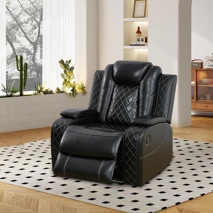Power Recliner Sectional Couch with LED, Leather Reclining Sofa for Living Room, Muti-Functional Recliner Corner Sectional with Storage Console/Cup Holders/USB Ports (Black, SECTIONAL & CHAIR)