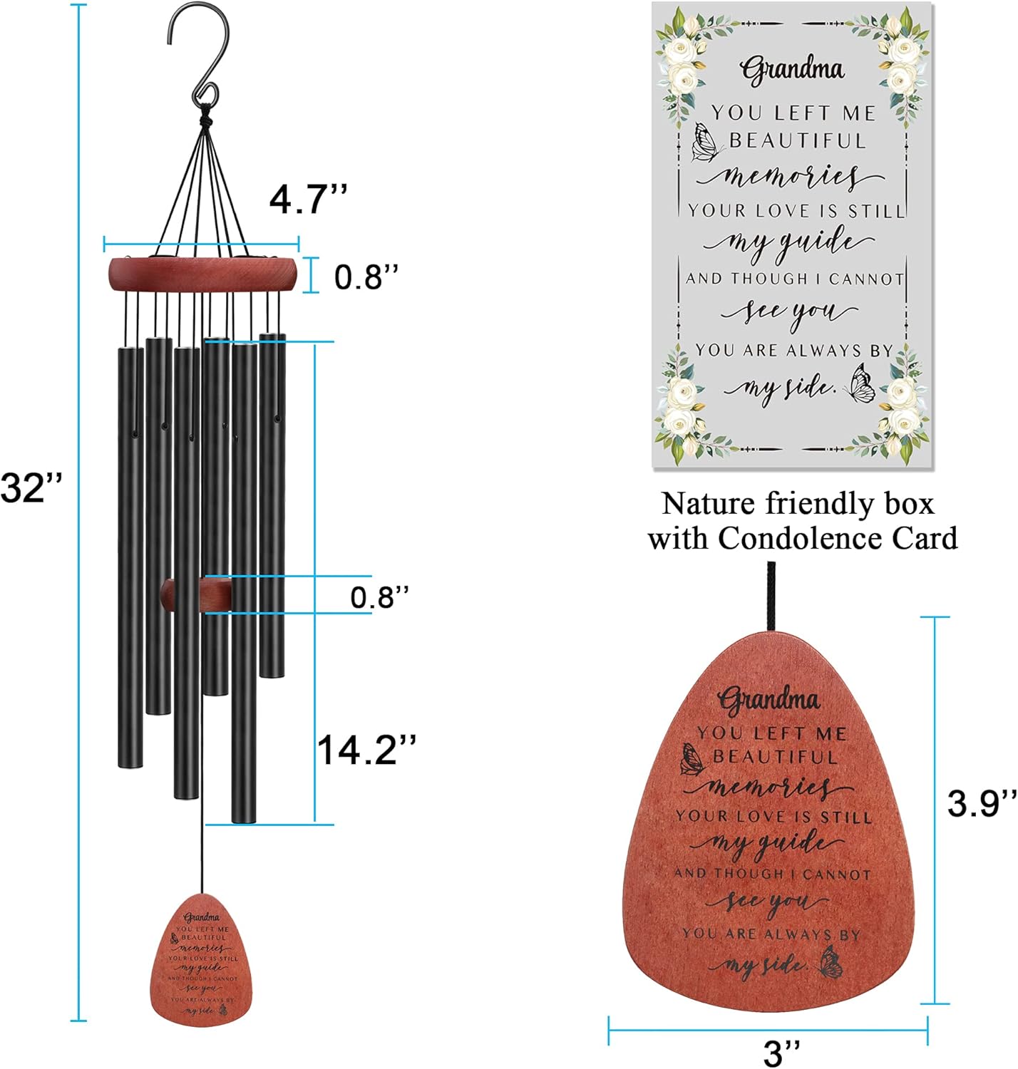 Memgift Memorial Wind Chime for Loss of Grandma - Solid Beech Wood Sympathy Gift - Outdoor Bereavement Wind Chime for Garden, Patio - in Remembrance of Grandmother 32 Inch