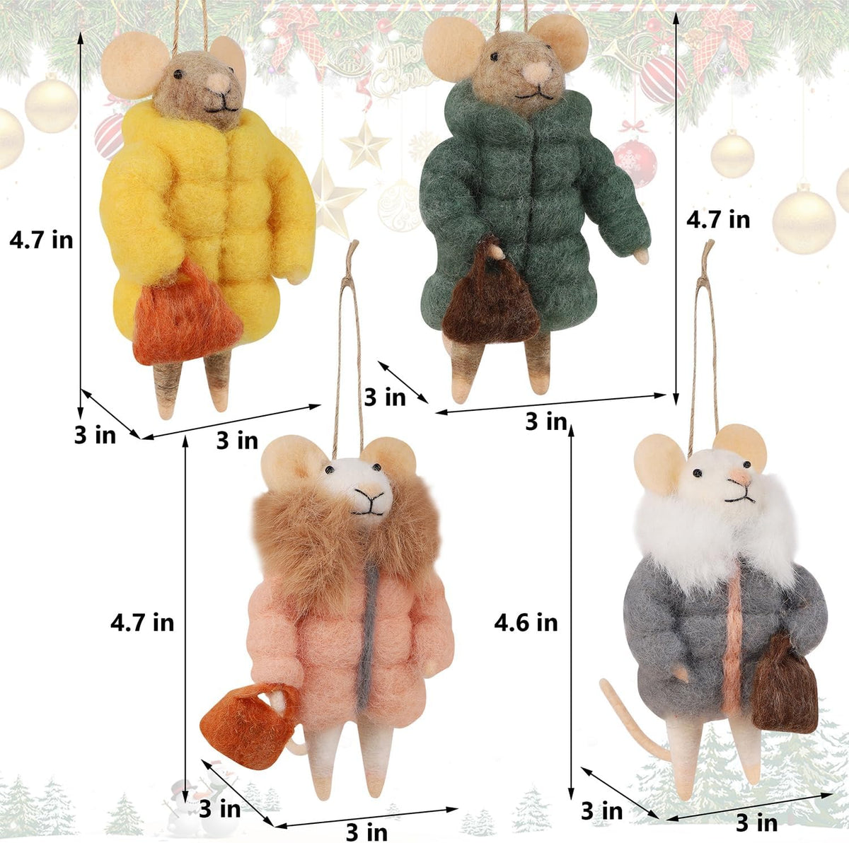Set of 4 Christmas Felt Mice Ornaments, 4.7" Mini Hanging Wool Fashionable Mouse Figurines, Tiered Tray Tabletop Decor, Animal Crafts Cute Xmas Tree Holiday Easter Gifts Home Office Party Supply